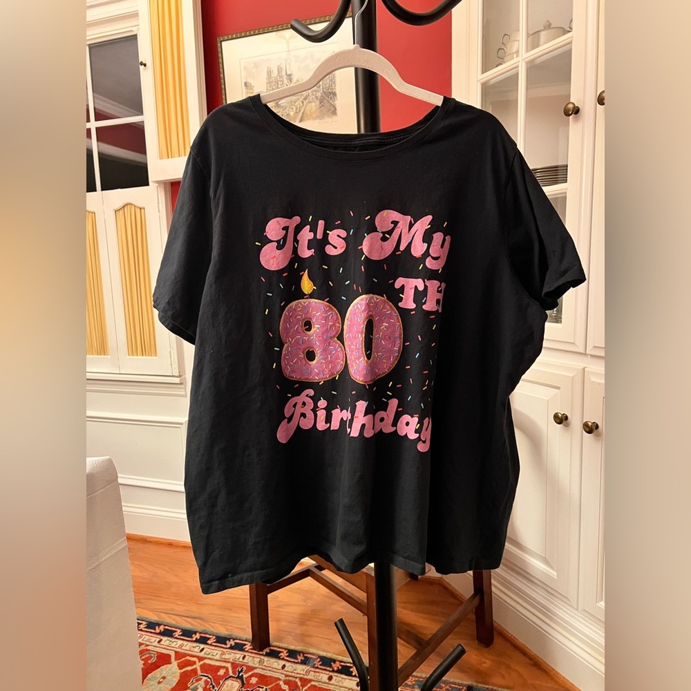 Gildan Black 80th Birthday Tee with Pink and Yellow Design